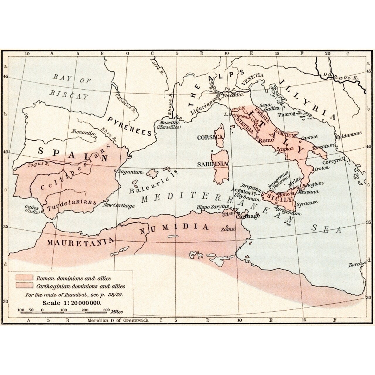 Map Of Rome And Carthage At The Beginning Of The Second Punic War 218 Bc. From Historical Atlas Published 1923. By Ken